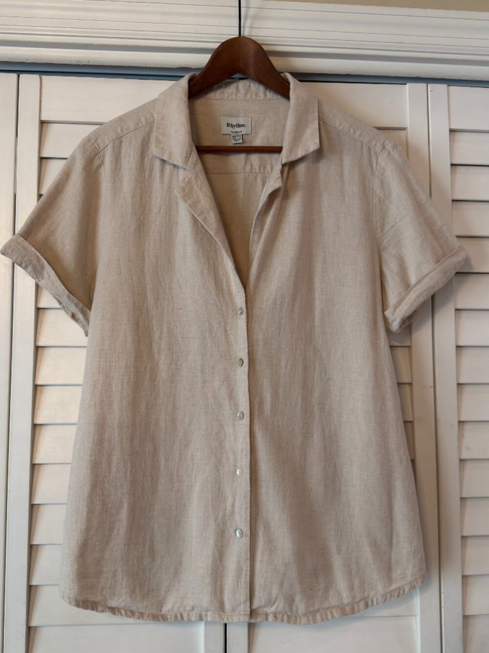 Rhythm Classic Beige Button Up Short Sleeve Top - Size L